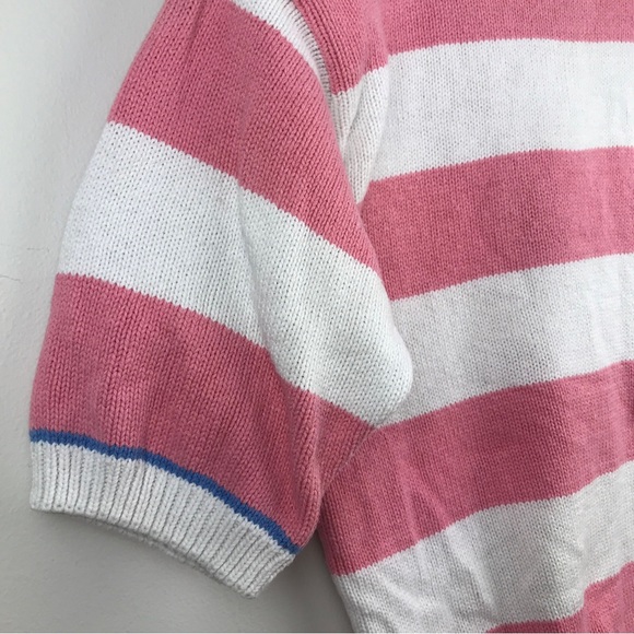 VTG Eddie Bauer Short Sleeve Sweater Made in USA Pink Stripe Half Button - Picture 11 of 14